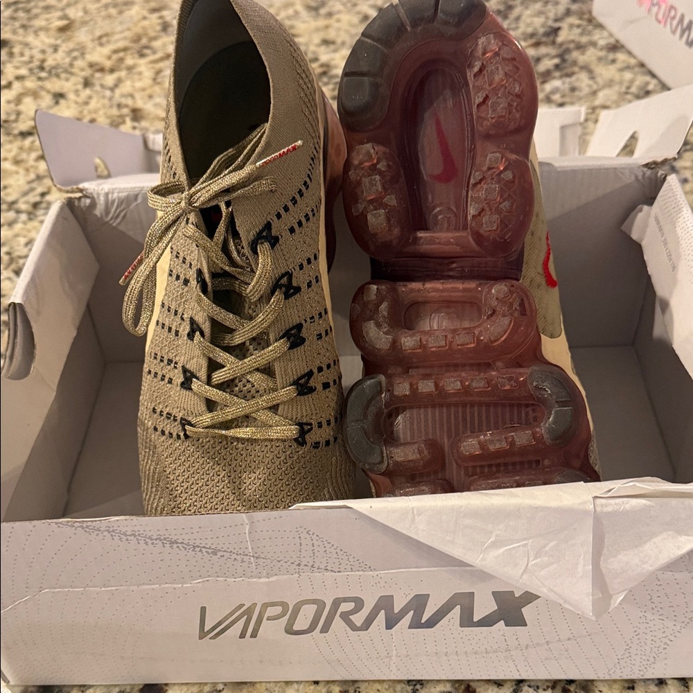 Nike VaporMax Flyknit Tan and Red Sneakers
